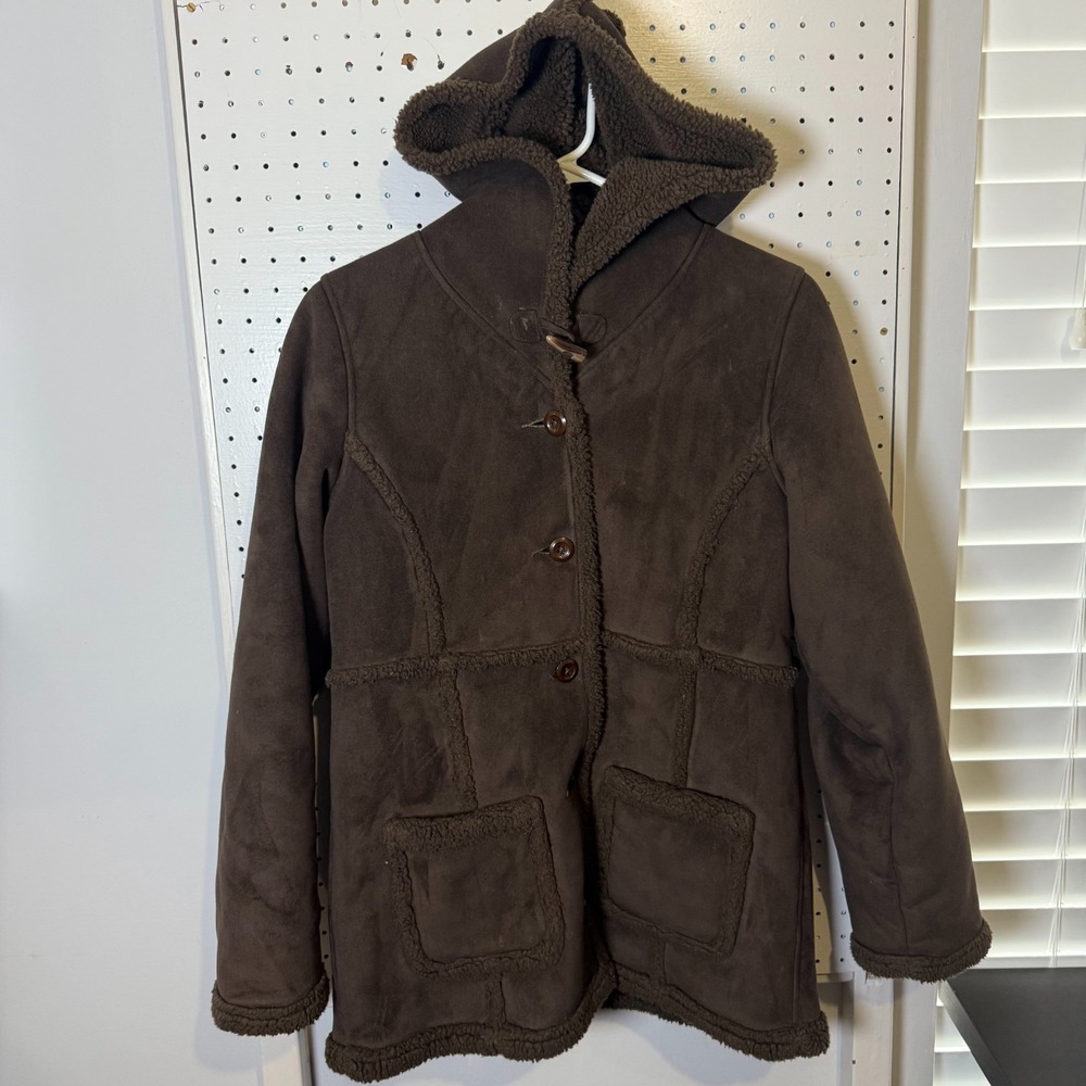 L.L. Bean Coat Girls Large (14-16) Dark Brown Suede Sherpa Lined Hooded Winter‎